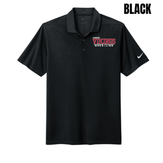 Black Nike Dri-FIT Micro Pique polo with the Junior Vikings Wrestling logo in white and red on the left chest