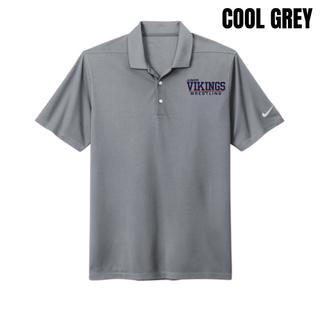 Cool Grey Nike Dri-FIT Micro Pique polo with the Junior Vikings Wrestling logo in navy and red on the left chest