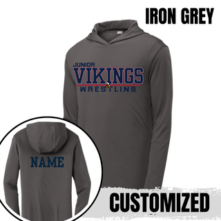 Iron Grey PosiCharge hooded pullover with the Junior Vikings Wrestling design in navy and red on the front and a navy custom name on the back