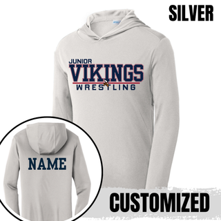 Silver PosiCharge hooded pullover with the Junior Vikings Wrestling design in navy and red on the front and a navy custom name on the back