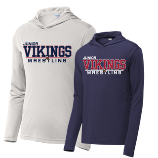 Silver and true navy PosiCharge hooded pullovers with the Junior Vikings Wrestling design in navy and red or white and red block lettering with a small Viking head logo