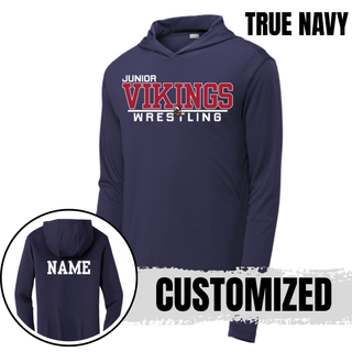 True Navy PosiCharge hooded pullover with the Junior Vikings Wrestling design in red and white on the front and a white custom name on the back