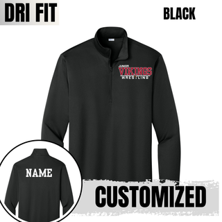 Black PosiCharge quarter-zip with the Junior Vikings Wrestling design in red and white on the left chest and a white custom name on the back