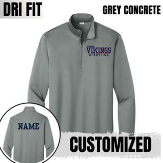Grey Concrete PosiCharge quarter-zip with the Junior Vikings Wrestling design in navy and red on the left chest and a navy custom name on the back