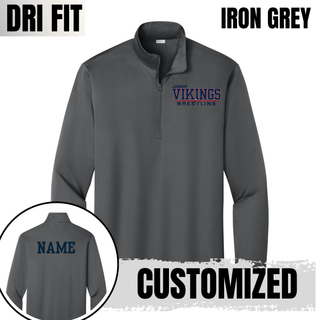 Iron Grey PosiCharge quarter-zip with the Junior Vikings Wrestling design in navy and red on the left chest and a navy custom name on the back