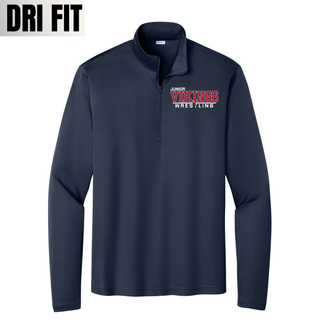 True Navy PosiCharge quarter-zip pullover with the Junior Vikings Wrestling design in red and white on the left chest