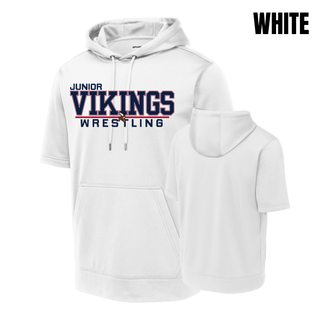 White Sport-Tek short sleeve hooded pullover with the Junior Vikings Wrestling logo in navy and red across the chest, shown front and back