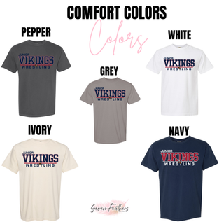 Comfort Colors color chart showing the Junior Vikings Wrestling design in Pepper, Grey, White, Ivory and Navy