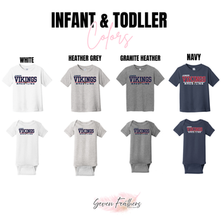 Infant and toddler color chart showing the Junior Vikings Wrestling design on tees and bodysuits in White, Heather Grey, Granite Heather and Navy