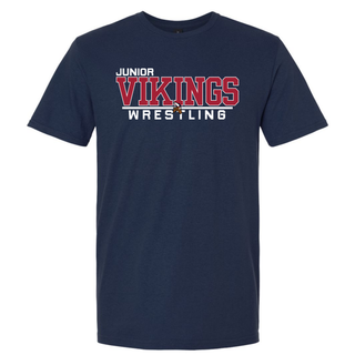 Navy tee with Junior Vikings Wrestling design in white and red block lettering with a small Viking head logo