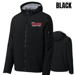 Black waterproof insulated jacket with the Junior Vikings Wrestling logo on the left chest and a plain back view