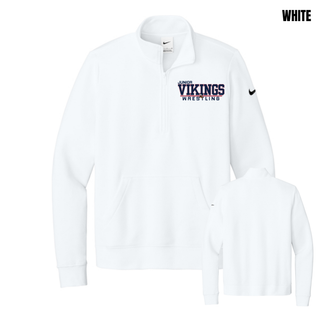 White women's club fleece half-zip with the Junior Vikings Wrestling logo in navy and red on the left chest, shown front and back