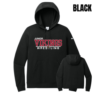 Black women's club fleece pullover hoodie with the Junior Vikings Wrestling logo in white and red across the chest, shown front and back