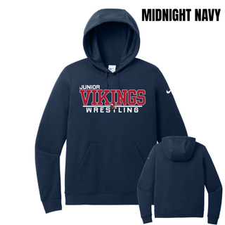 Midnight Navy women's club fleece pullover hoodie with the Junior Vikings Wrestling logo in white and red across the chest, shown front and back