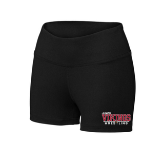 Black women's interval performance shorts with the Junior Vikings Wrestling design in red and white near the hem of the left leg