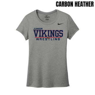 Carbon Heather Nike women's rLegend tee with the Junior Vikings Wrestling logo in navy and red across the chest
