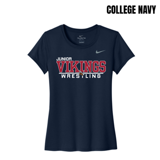 College Navy Nike women's rLegend tee with the Junior Vikings Wrestling logo in white and red across the chest