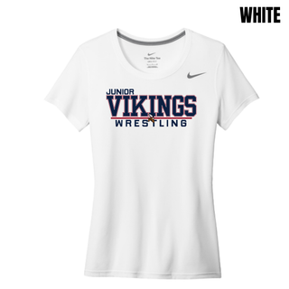 White Nike women's rLegend tee with the Junior Vikings Wrestling logo in navy and red across the chest