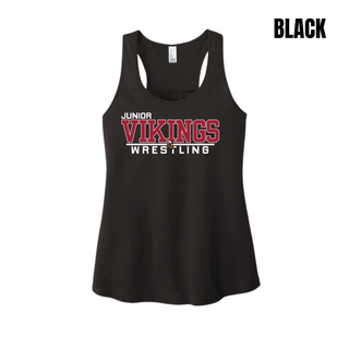 Black women's racerback tank with the Junior Vikings Wrestling logo in white and red across the chest