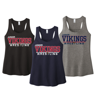Black, New Navy, and Grey Frost women's racerback tanks with the Junior Vikings Wrestling logo printed across the chest