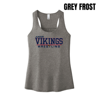Grey Frost women's racerback tank with the Junior Vikings Wrestling logo in navy and red across the chest