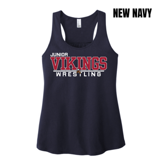 New Navy women's racerback tank with the Junior Vikings Wrestling logo in white and red across the chest