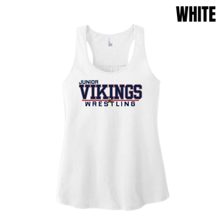 White women's racerback tank with the Junior Vikings Wrestling logo in navy and red across the chest