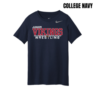 College Navy Nike youth rLegend tee with the Junior Vikings Wrestling logo in white and red across the chest