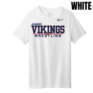 White Nike youth rLegend tee with the Junior Vikings Wrestling logo in navy and red across the chest