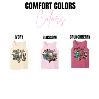 Comfort Colors tanks in ivory, blossom, and crunchberry with Just a Small Town Girl western design
