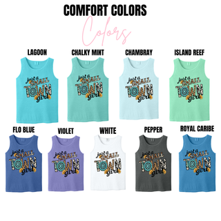 Comfort Colors tanks in lagoon, chalky mint, chambray, island reef, flo blue, violet, white, pepper, and royal caribe with Just a Small Town Girl western design
