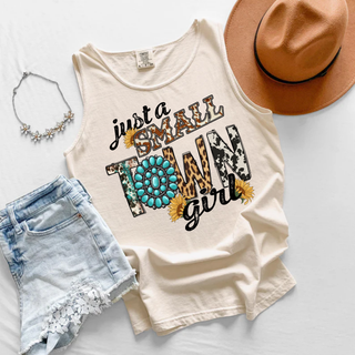 Just a Small Town Girl Graphic Tank in ivory with leopard print cow print turquoise squash blossom and sunflower western lettering design
