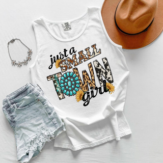 Just a Small Town Girl Graphic Tank in white with leopard print cow print turquoise squash blossom and sunflower western lettering design
