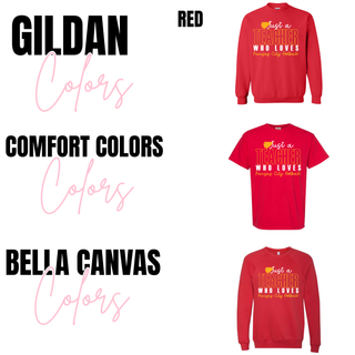Just a Teacher Who Loves Kansas City Football on red Gildan crewneck, Comfort Colors tee, and Bella Canvas crewneck

