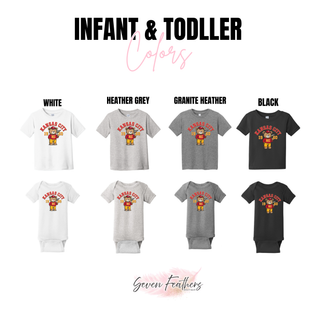 Kansas City football bear infant and toddler tees and onesies in four colors