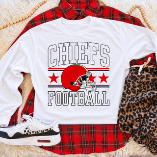 White Kansas City Football Varsity Helmet crewneck with outlined lettering, a red football helmet, stripes, and stars