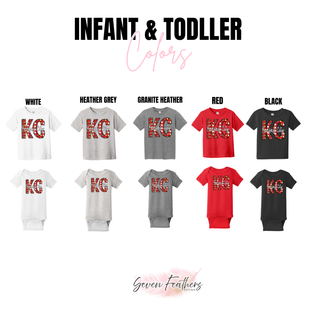 Infant and toddler color chart for the Kansas City KC Santa Football Top showing tees and bodysuits in white, heather grey, granite heather, red, and black