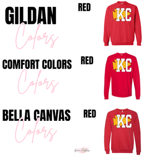 KC Distressed Red Gildan crewneck, Comfort Colors long sleeve, and Bella Canvas crewneck color options
