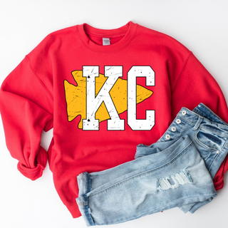 KC Distressed Red Gildan crewneck with bold white and gold distressed KC graphic

