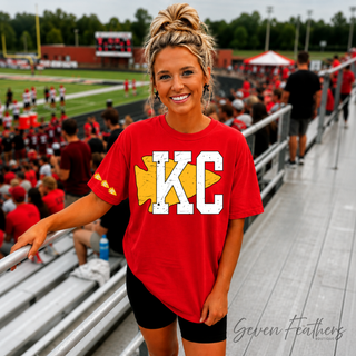 KC Distressed Red Sleeve Comfort Colors tee with bold white and gold KC graphic and matching sleeve hit

