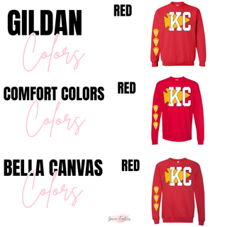 KC Distressed Red Sleeve Gildan crewneck, Comfort Colors long sleeve, and Bella Canvas crewneck color options
