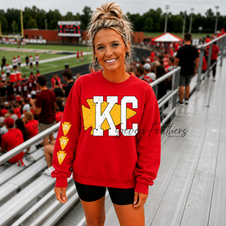 KC Distressed Red Sleeve Gildan crewneck with bold white and gold KC graphic and matching sleeve hit
