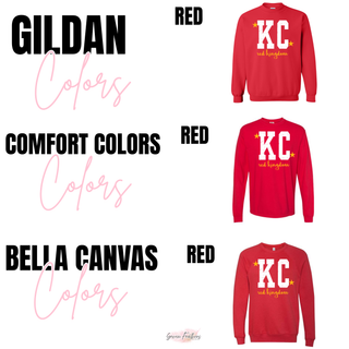 KC Distressed Red Star Top shown in red on Gildan, Comfort Colors, and Bella Canvas blanks