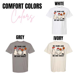 KC Fans Are No Boo Sheet Top graphic tee color options in white, grey, and ivory