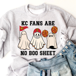 KC Fans Are No Boo Sheet Top ash grey crewneck sweatshirt with ghost trio graphic