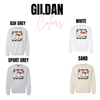 KC Fans Are No Boo Sheet Top crewneck sweatshirt color options in ash grey, sport grey, and sand