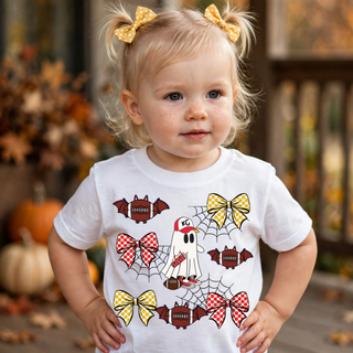 KC Ghosts And Footballs Top white toddler tee with ghost, bats, football, and bow graphic