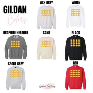 KC Pennant Repeat Gildan crewneck in ash grey, white, graphite heather, sand, black, sport grey, and red
