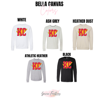 KC Red Gold Block Letter Bella Canvas crewneck in white, ash grey, heather dust, athletic heather, and black
