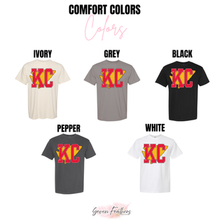 KC Red Gold Block Letter Comfort Colors tee in ivory, grey, black, pepper, and white
